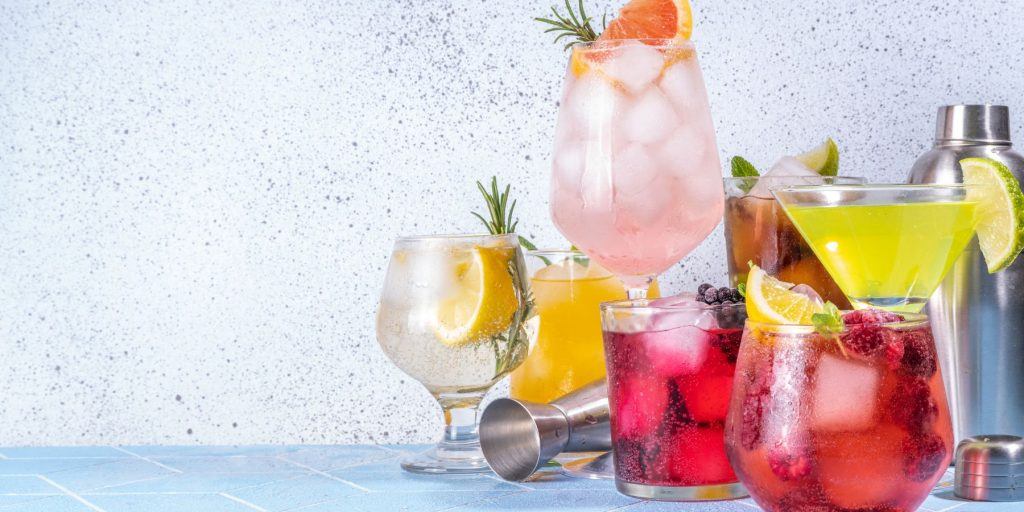 Selection of tasty mocktails on a retro background