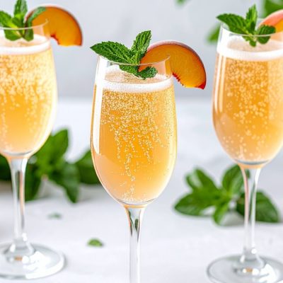 Three Blushing Bride cocktails in flute glasses with peach and mint garnish