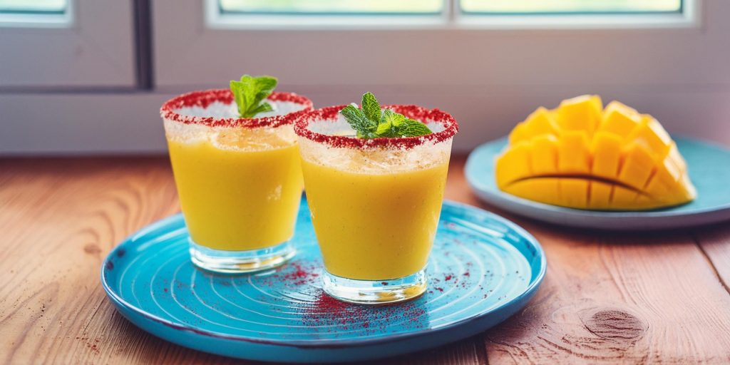 Two Frozen Mango Margaritas with tajin spiced rims and fresh mint garnish