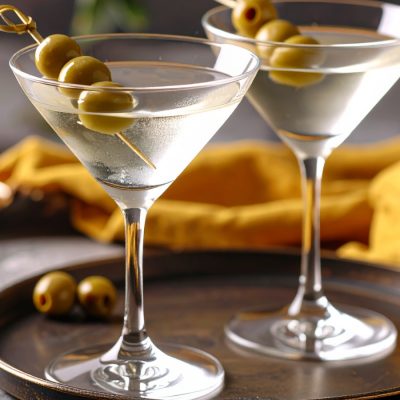Close-up of two Virgin Martinis with green olive garnish