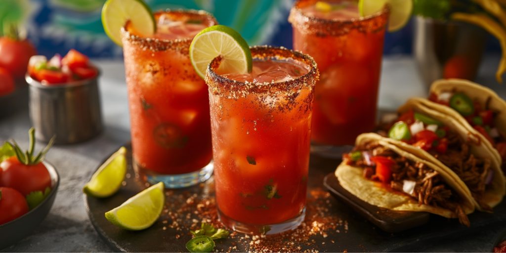 Three spicy Michelada cocktails served with pulled pork tacos
