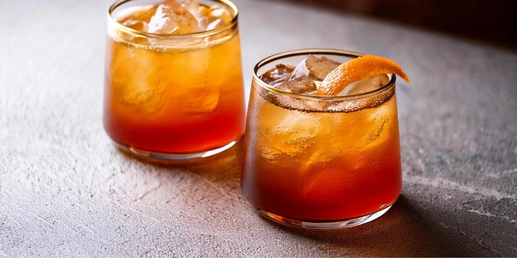 Newton's Law: Two rocks glasses containing an orange-brown cocktail over ice, garnished with a slice of orange peel. The glasses rest on a textured surface with soft, warm lighting. 