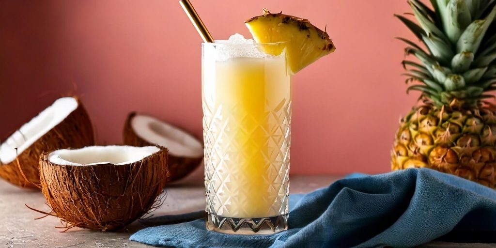 Close-up of a Painkiller cocktail with fresh pineapple wedge garnish, halved coconuts to the side, pink background