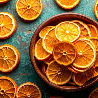 Overhead shot of dried orange slices on a textured turquoise surface