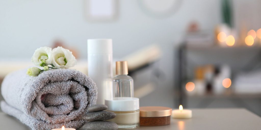 Close up of a collection of pampering goodies set up for a spa nigth NYE get-together