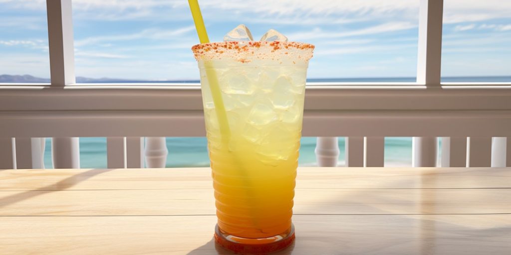 Pineapple Ranch Water cocktail on a table outside at a beach cafe with an ocean view