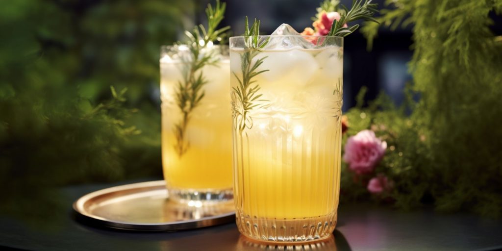 Two Rosemary Pineapple Tequila Cocktail cocktails on table outside in a vibrant summer garden with lots of flowers