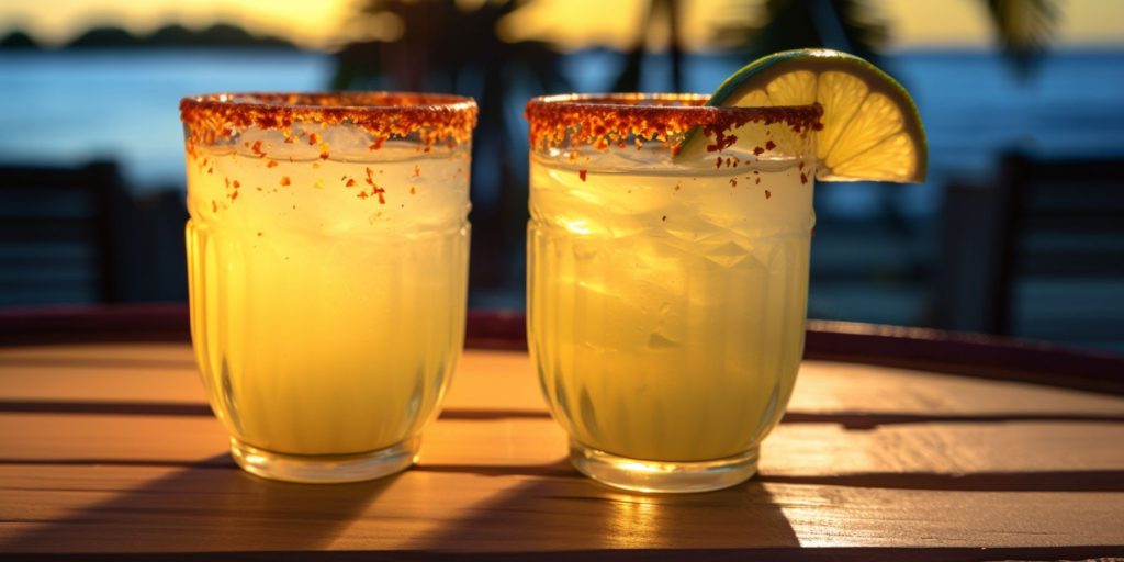 Two Spicy Pineapple Tequila Spritz cocktails on a table inside a traditional island Tiki bar, festive, daytime, warm