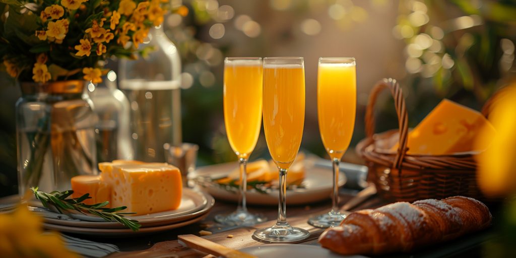 Three mimosa brunch mocktails served with cheese and pastries