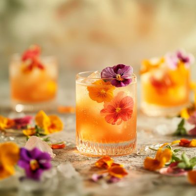 Close up of three cocktails garnished with pansies, surrounded by a scattering of pretty edible flowers for cocktails
