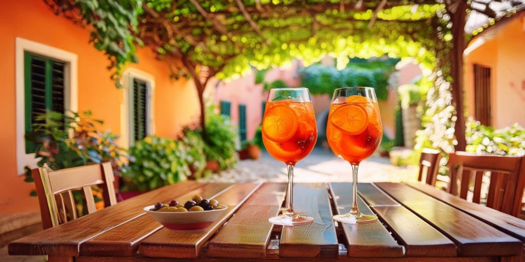 Two Aperol Gin cocktails on a wooden table outside in a courtyard beneath a vine trellis on a sunny day