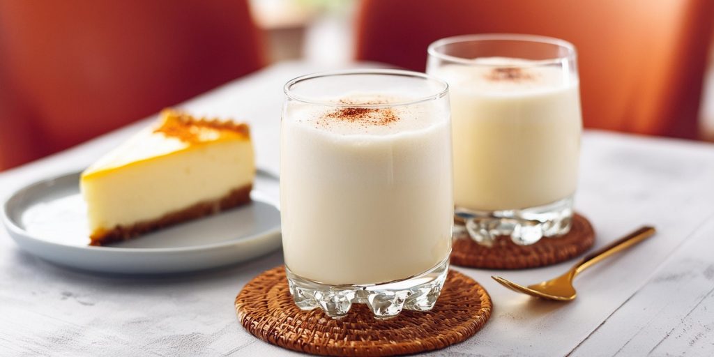 Close-up of two Bourbon Milk Punch cocktails served with a slice of baked cheesecake 