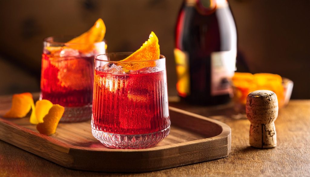 Two Negroni Sbagliato cocktails with orange twist garnish, bottle of Prosecco in the background