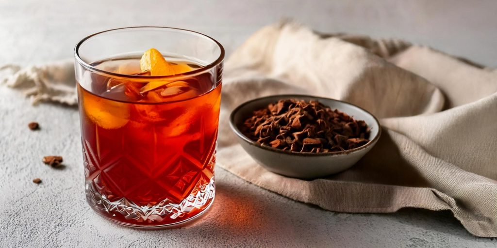 A London Fog cocktail on a textured white surface next to a bowl of cocoa nibs
