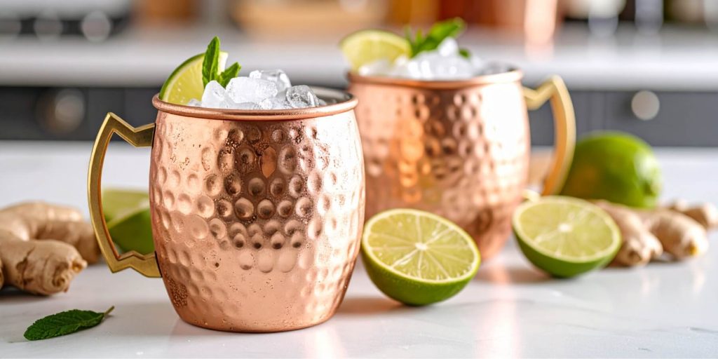 Two Caribbean Mule cocktails served in copper mugs with fresh mint and lime garnish