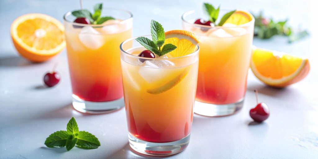 Three Rum punch cocktails with mint, orange and cherry garnish