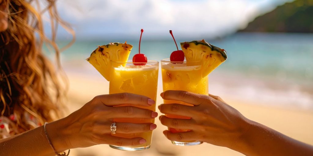 Close-up of two hands clinking together tropical drinks, beach in the background
