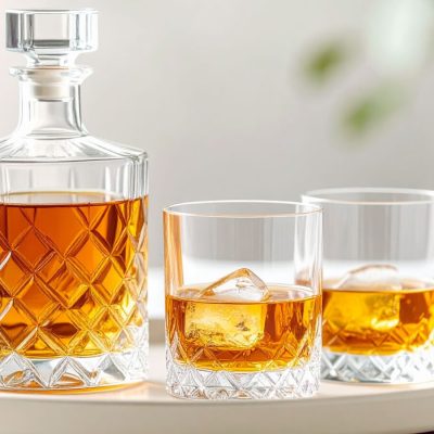 A crystal bourbon decanter next to two rocks glasses of bourbon on a tray