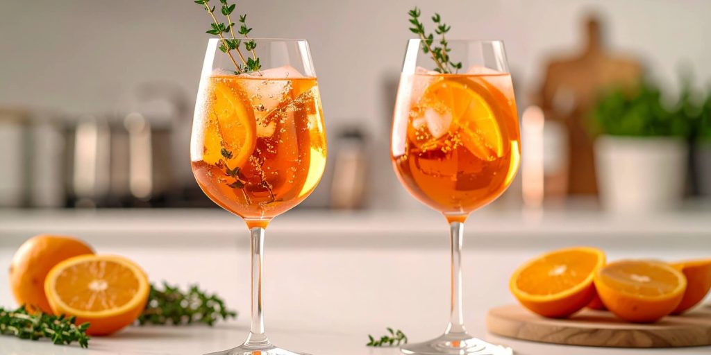 two mocktails with sprigs and oranges