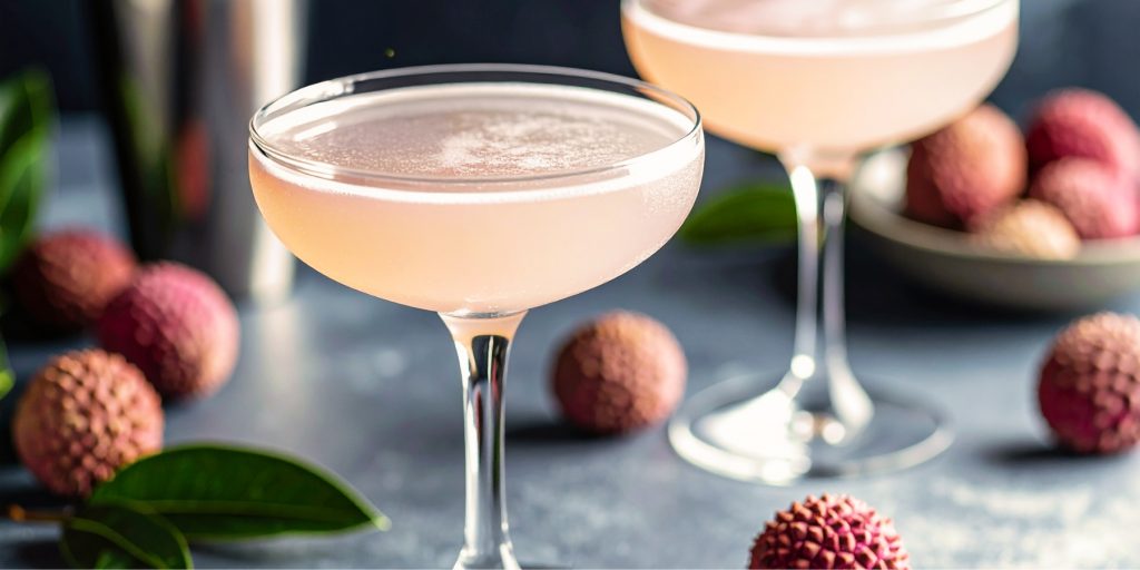 Close-up of a Lychee Martini served in a classic coupe glass