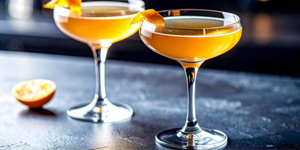 Two classic Sidecar cocktails with orange peel garnish