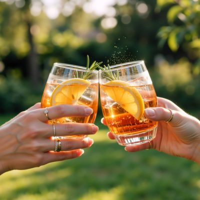 Close up shot of two friends toasting with Spritz cocktails in a garden.