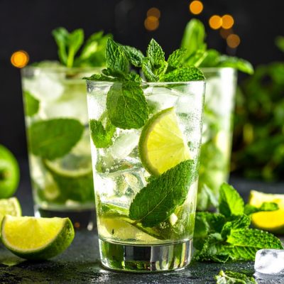 Close up of three Virgin Mojito mocktails