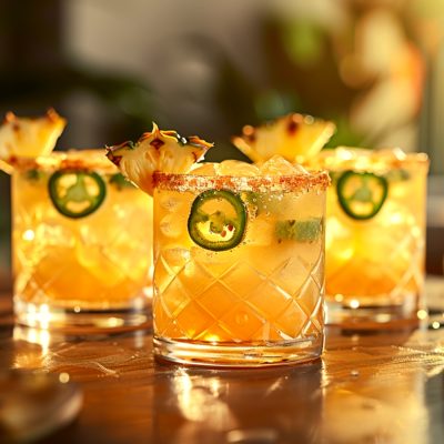 Three Spicy Pineapple Margaritas garnished with jalapeño and pineapple