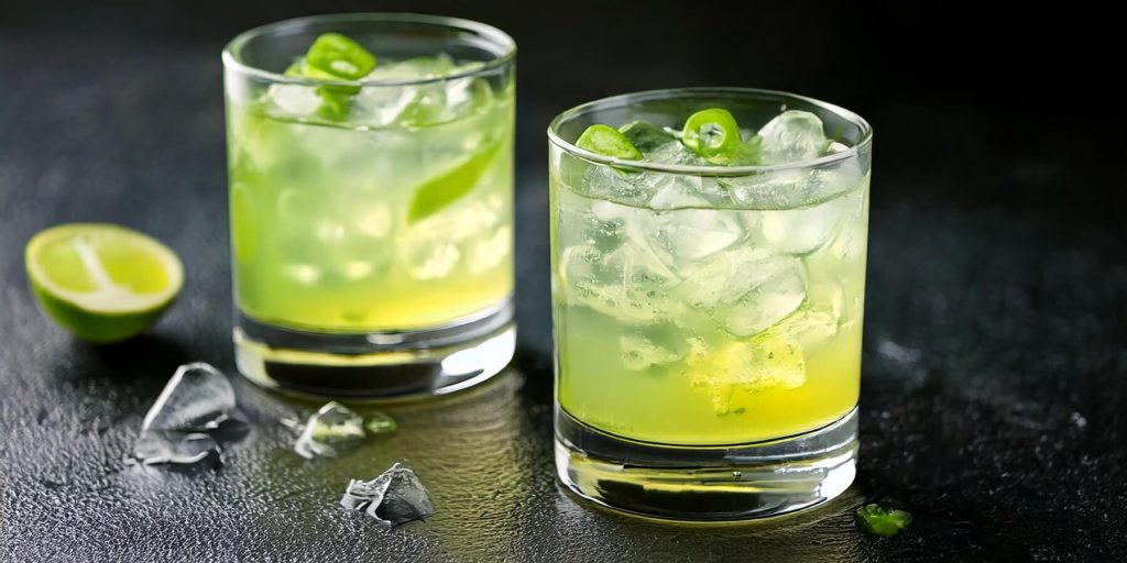 Two short glasses of Spicy Nimbu Pani cocktail packed with ice, garnished with green chillies and lime, with lime halves and ice shards scattered on a black textured surface.
