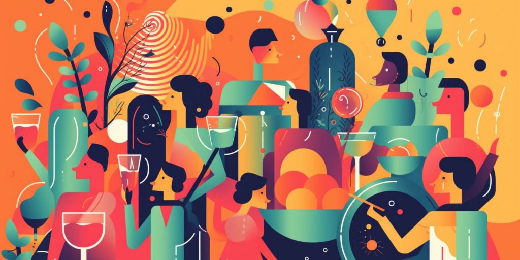 AI MidJourney image in an abstract style showing friends enjoying themselves at a color cocktail party