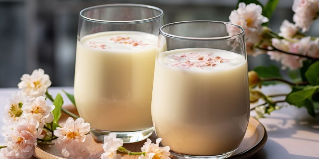 Close up of a pair of Yogurt Soju Cocktails in a bright indoor setting, surrounded by cherry blossoms
