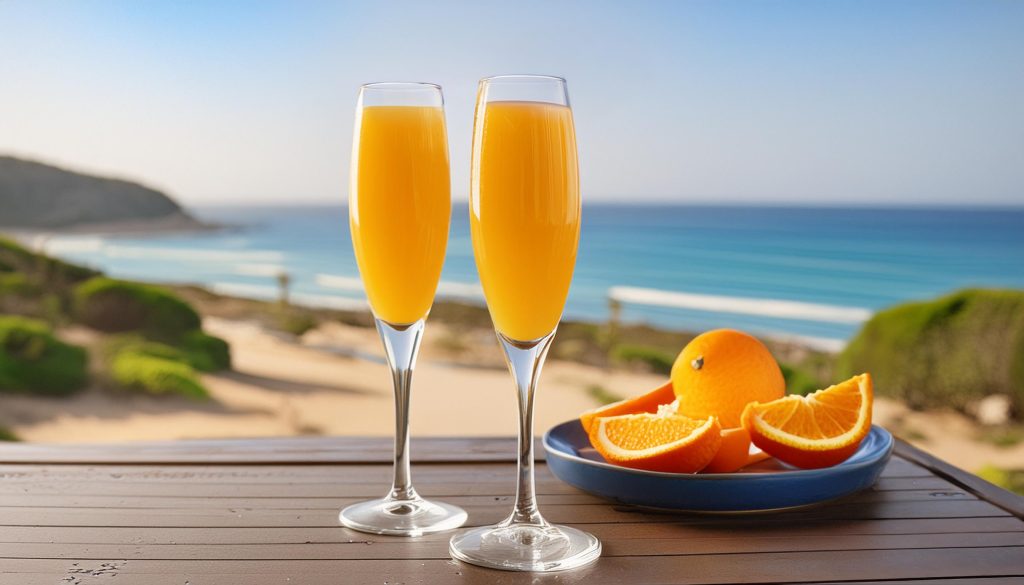 Two SKYY Pineapple Mimosa cocktails served on a table with the beach in the background