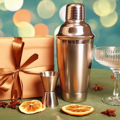 A cocktail gift set next to a gift box and martini glass