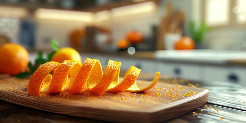 Orange peel twist cocktail garnish on a wooden board in a kitchen