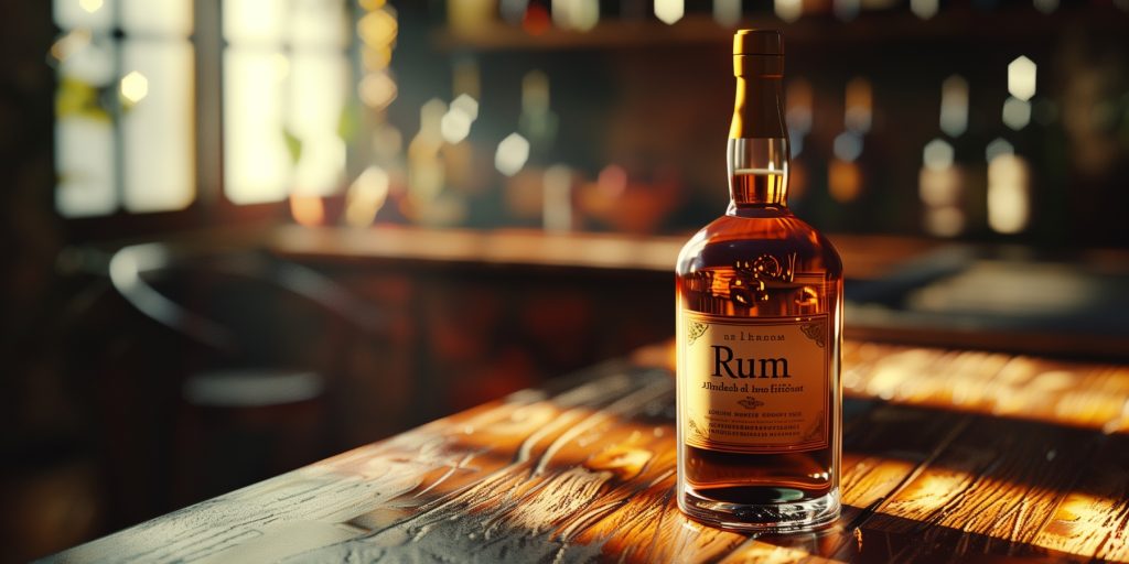 A bottle of rum on a kitchen counter