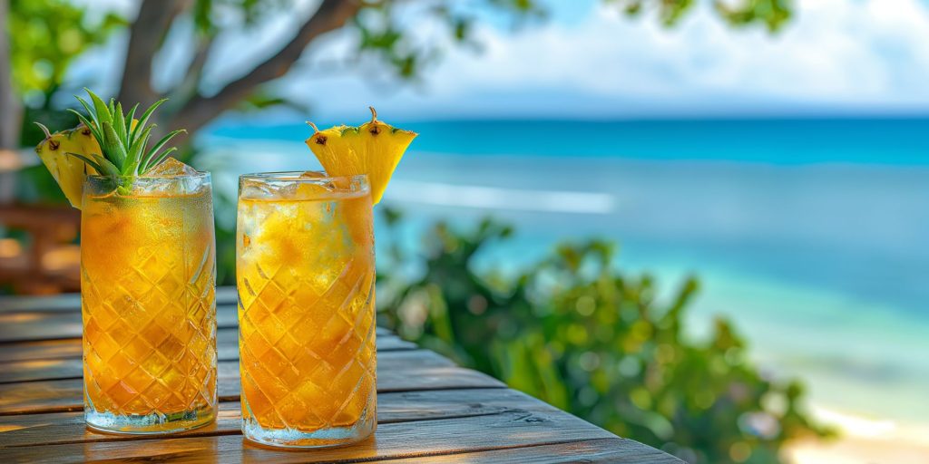 Two Pineapple Gin & Tonic cocktails on a table outside on a veranda overlooking the ocean on a sunny day 