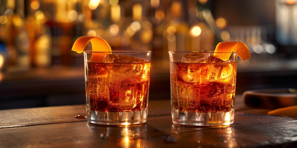 Two Old Fashioned cocktails in a bar setting