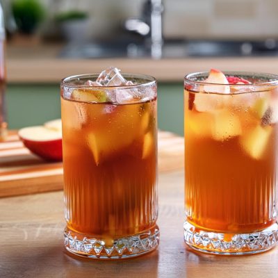 Two Apple Cider Bourbon cocktails on a counter in a modern home kitchen