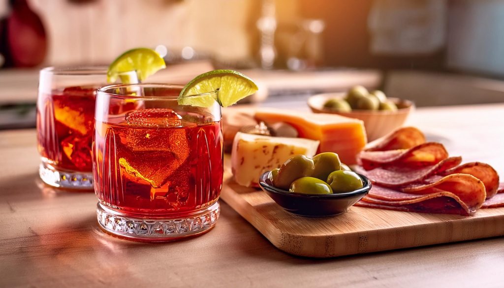 Two Tequila Negroni cocktails served with cheese and cured meats