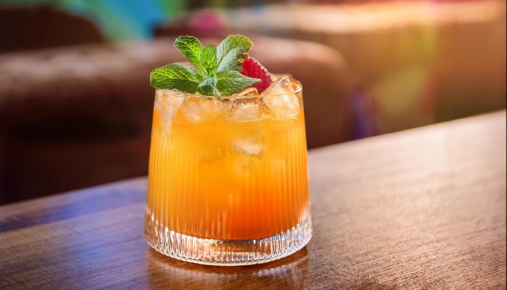 Close-up of a deep amber and orange colored Zombie cocktail with fresh mint and strawberry garnish