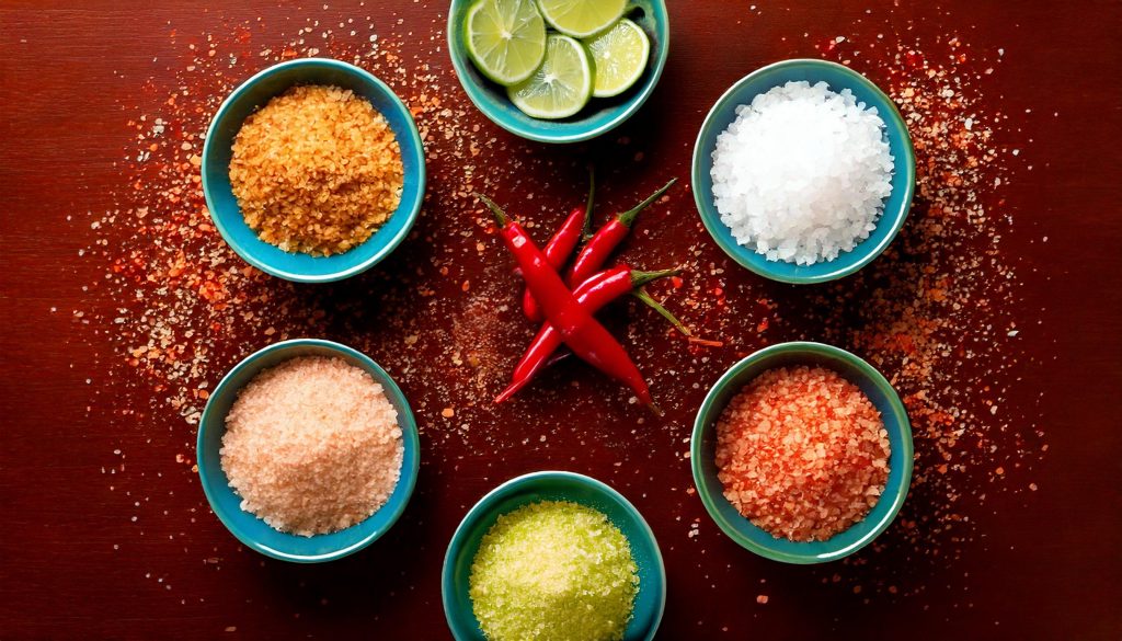 Overhead shot of different types of Margarita salts in blue bowls