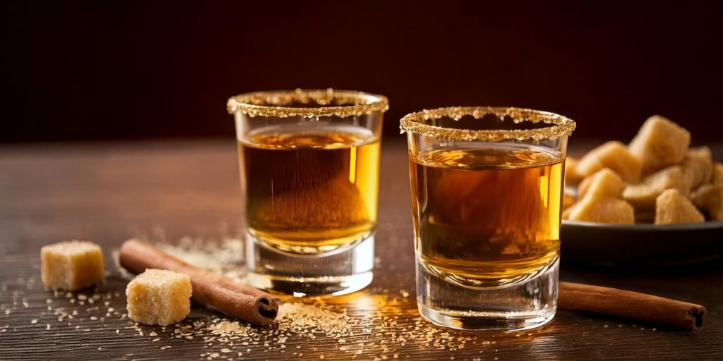 Two golden Fireball Apple Pie Shots in rimmed glasses, surrounded by sugar cubes, cinnamon sticks, and warm-toned décor.