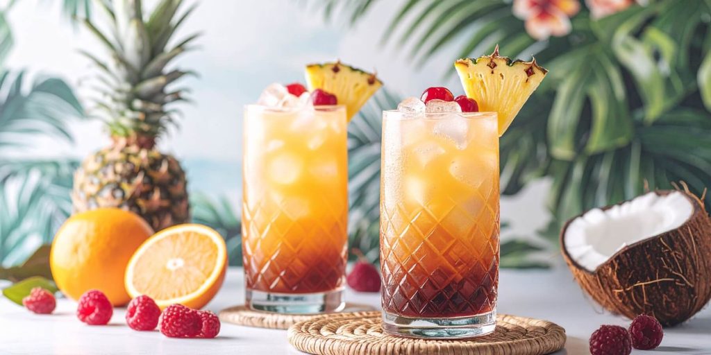 Two Mai Tai cocktails garnished with fresh pineapple wedges and cherries
