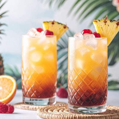 Two Mai Tai cocktails garnished with fresh pineapple wedges and cherries