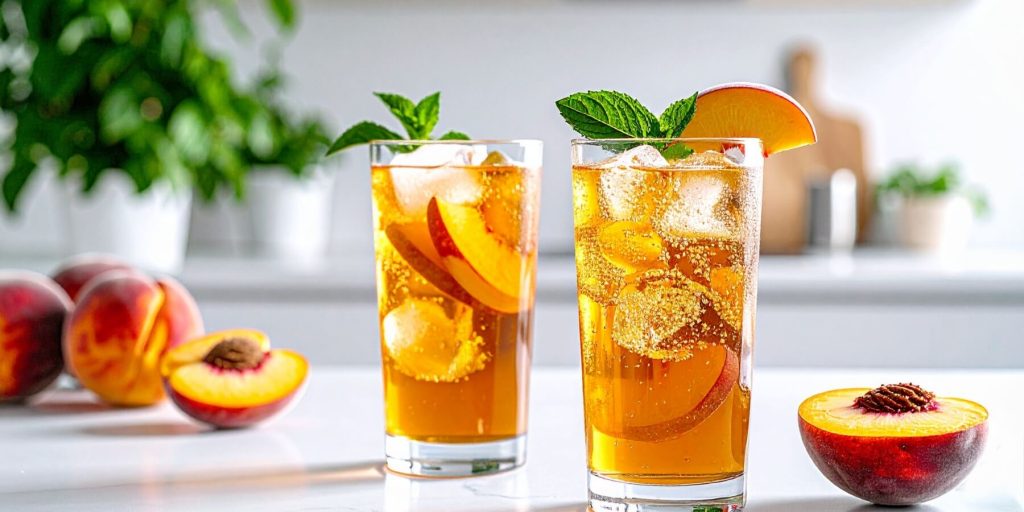 Two Bourbon Peach Iced Teas with fresh mint and peach garnish