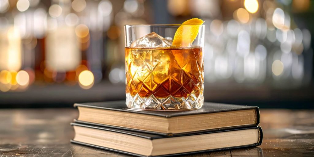 A glass of bourbon on top of a stack of books