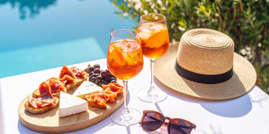 poolside cocktails with cheese board, hat and sunglasses