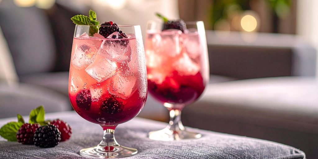 Two vibrant Sarti Berry Smash drinks with fresh berry and mint garnish