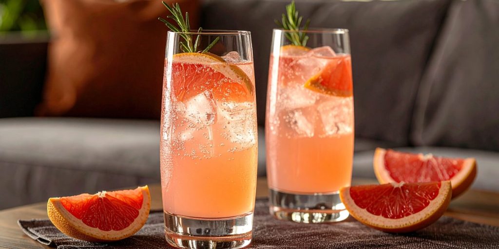 Two Sarti and Grapefruit Coolers with fresh grapefruit and rosemary garnish