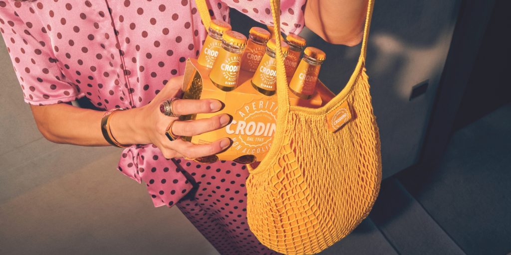 A close-up of a pack of Crodino Non-Alcoholic Spritz aperitif bottles ]